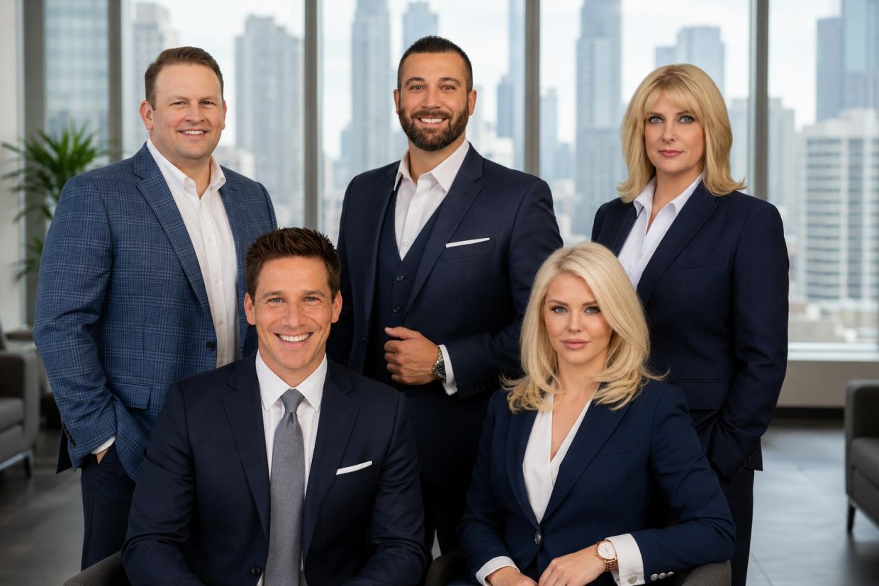 Group of five professionals posing in business attire in an office.