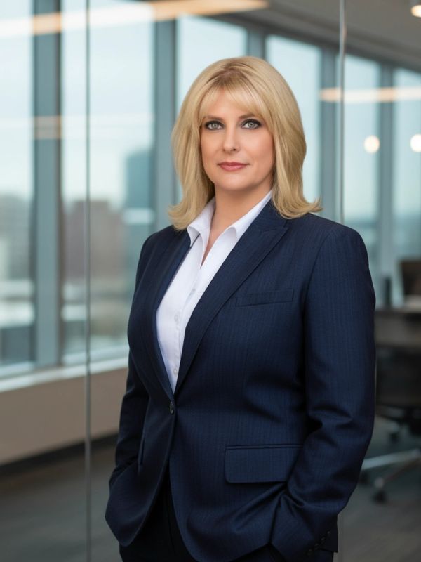 Professional woman in a navy blue suit in an office.