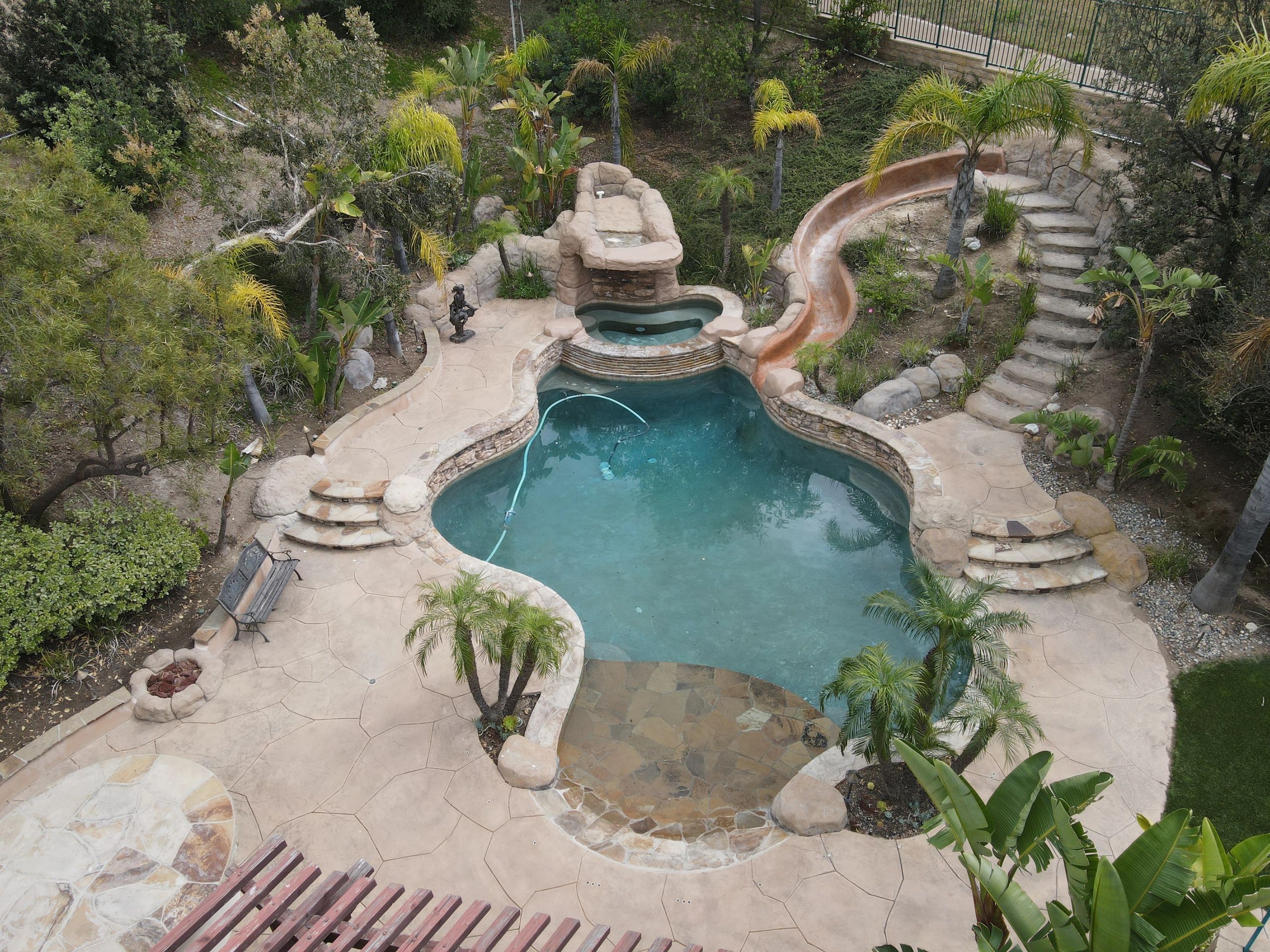 A backyard pool with a slide, jacuzzi, and tropical plants.