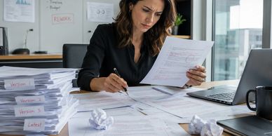 Woman overwhelmed with paperwork in office.