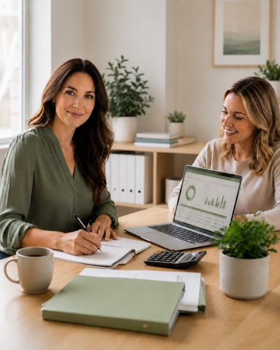 Two women collaborating at a desk with a laptop and documents.