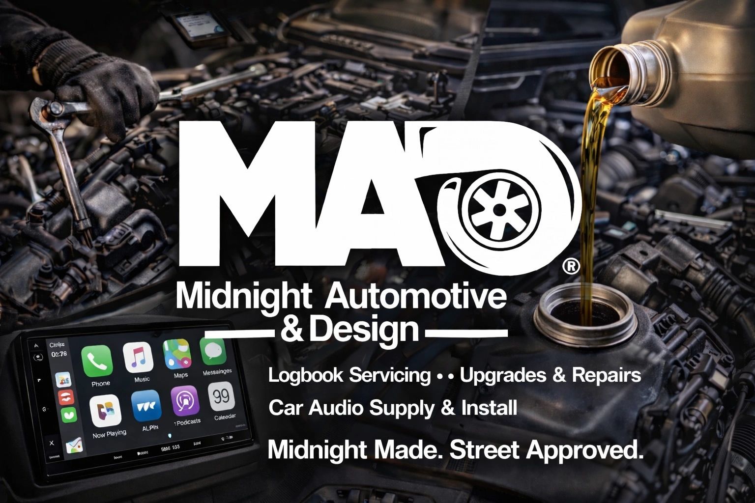 Midnight Automotive &amp; Design logo over a mechanic working on a car engine.
