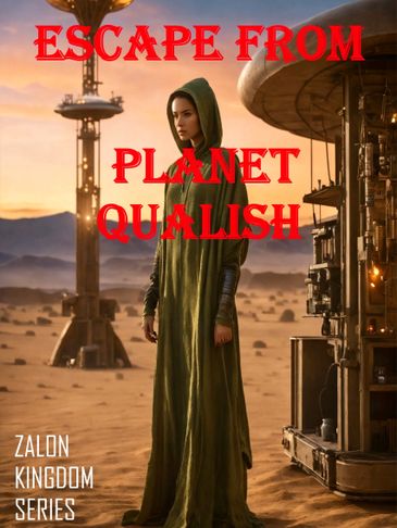 A hooded woman stands in a desert with futuristic towers and red text overlay.