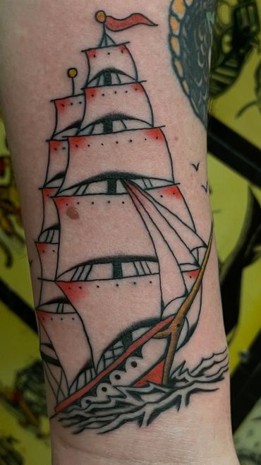 clipper ship tattoo lucky spider American traditional red black tattoo arm Columbus, ga man ft Mooreg