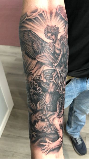 st Michael tattoo black and grey tattoo Columbus ga tattoo angel ft Moore fort benning tattoo