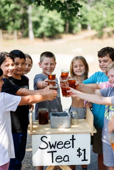 Kids enjoying sweet tea at a lemonade stand outdoors.