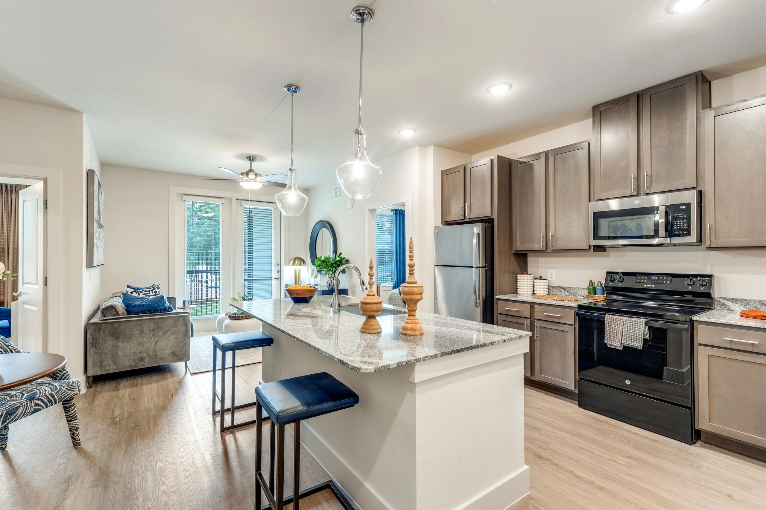 kitchen with granite countertops and an island
