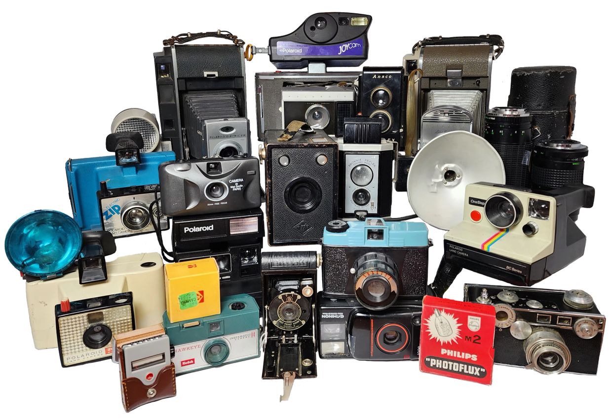 Vintage Camera Polaroid Hawkeye Ansco Philips Cannon Nikon Brownie lens flash meter film box cameras