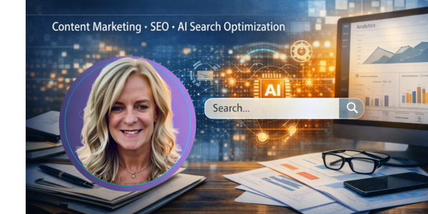 Woman's face with AI and digital marketing concepts in background.
