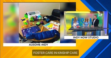 A TV segment on foster and kinship care with toys and hosts in the studio.