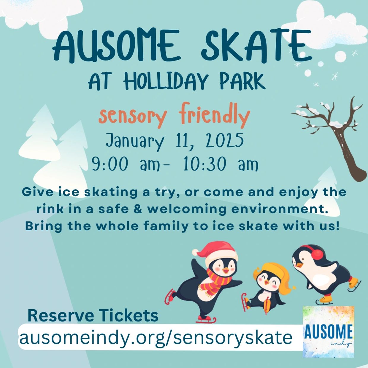 Sensory friendly ice skating event at Holliday Park on January 11, 2025, from 9:00 to 10:30 am.