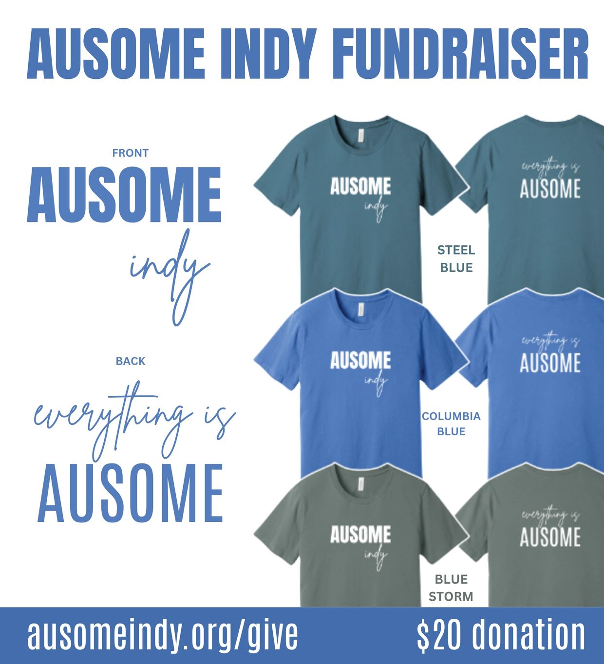 Fundraiser T-shirts in three blue shades for Ausome Indy.