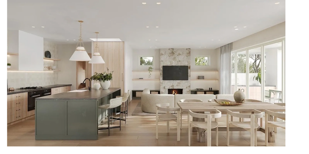 Modern Kitchen Design and Family Room. 3D Render