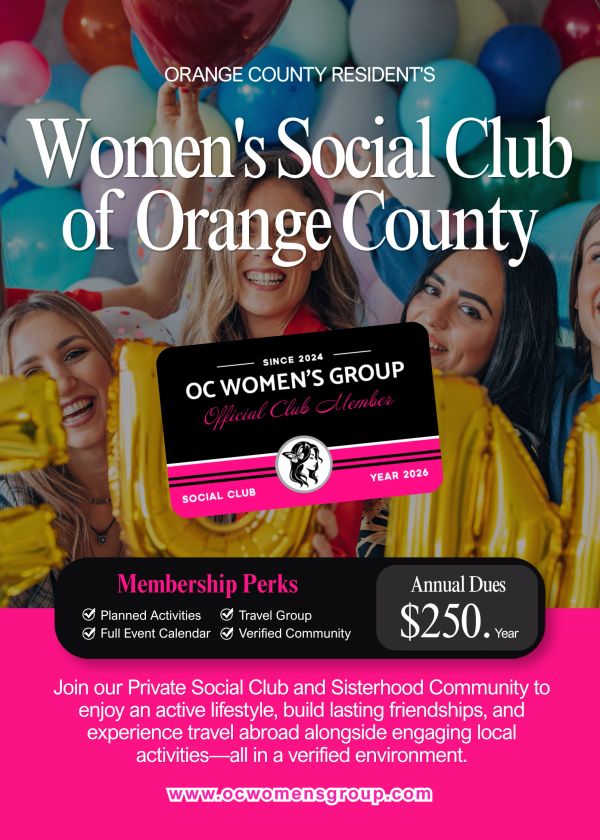 Women's Social Club of Orange County membership flyer with perks and dues.