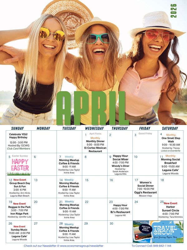 Three women smiling in a sunny April calendar image.
