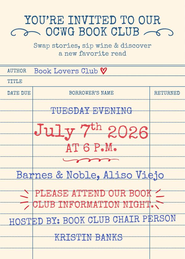 Invitation to OCWG Book Club meeting on July 7th, 2026 at Barnes &amp; Noble.