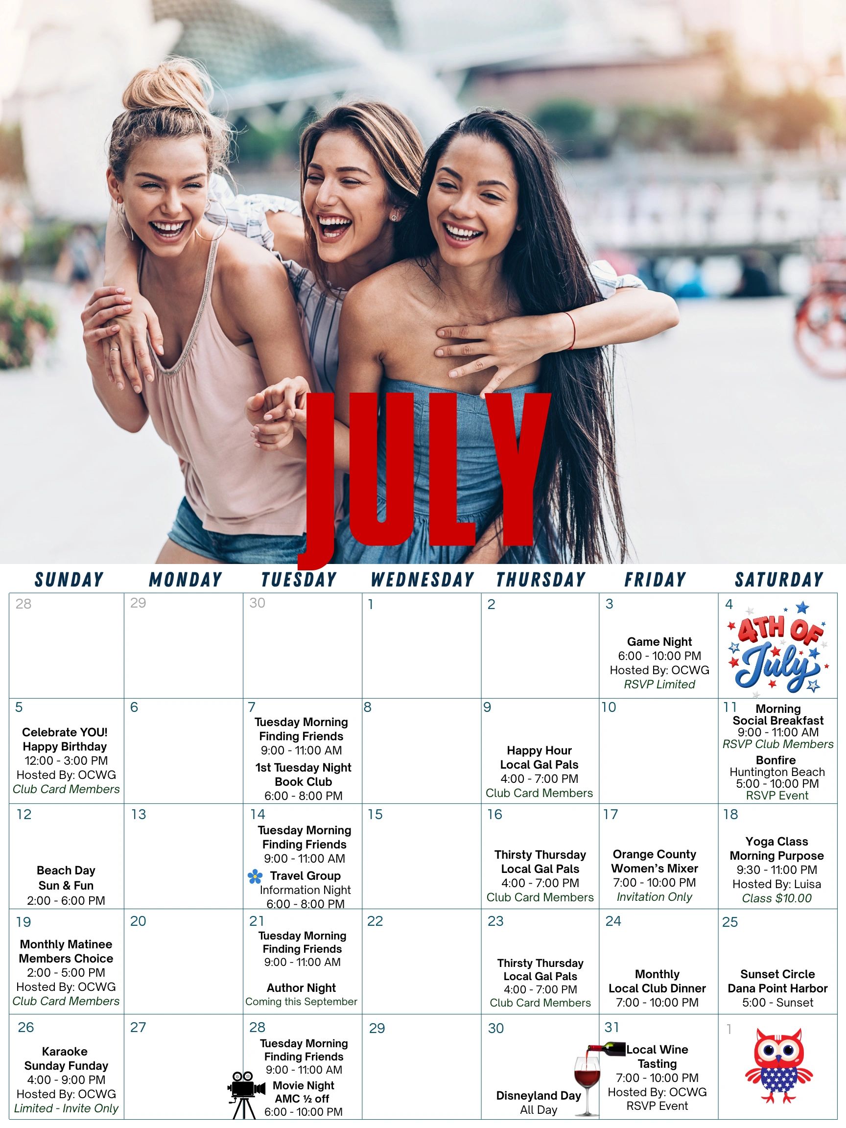 OC Women's Group July 2026 Club Calendar