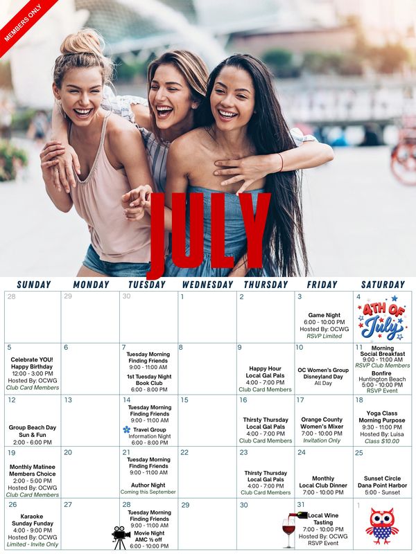 Three women laughing and hugging, July calendar below.