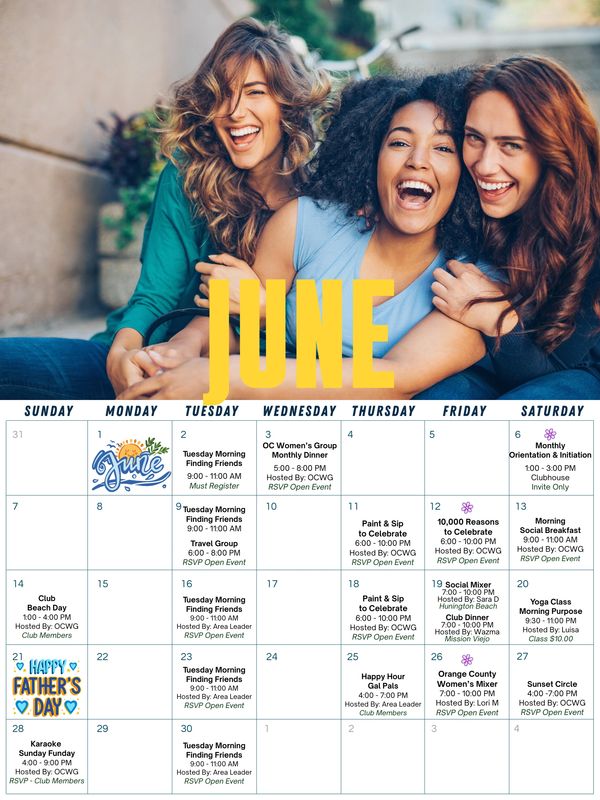 June calendar with events and happy friends.