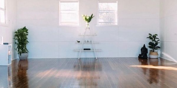 Luminous yoga studio with beautiful floor boards, white walls and plants in the corners