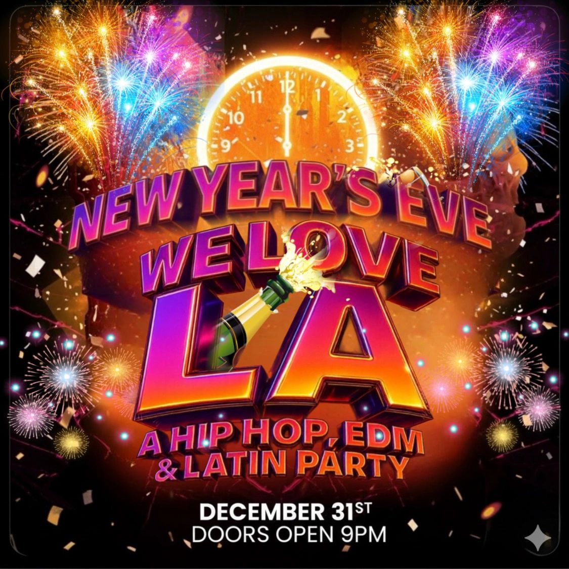 New Year's Eve party in LA with hip hop, EDM, and Latin music, starting at 9 PM on December 31st.