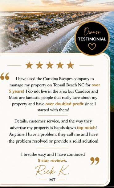 Beachfront property testimonial praising Carolina Escapes' excellent management and doubled profits.