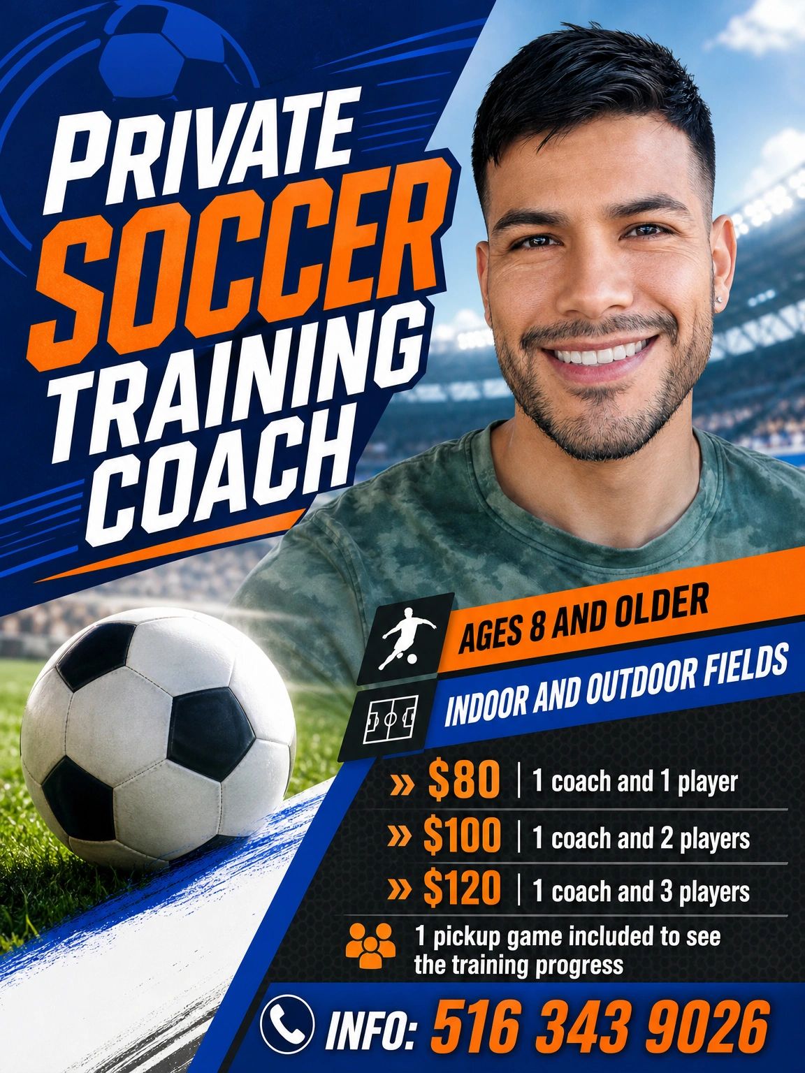 Private soccer training coach sessions for ages 8 and older, indoor and outdoor.
