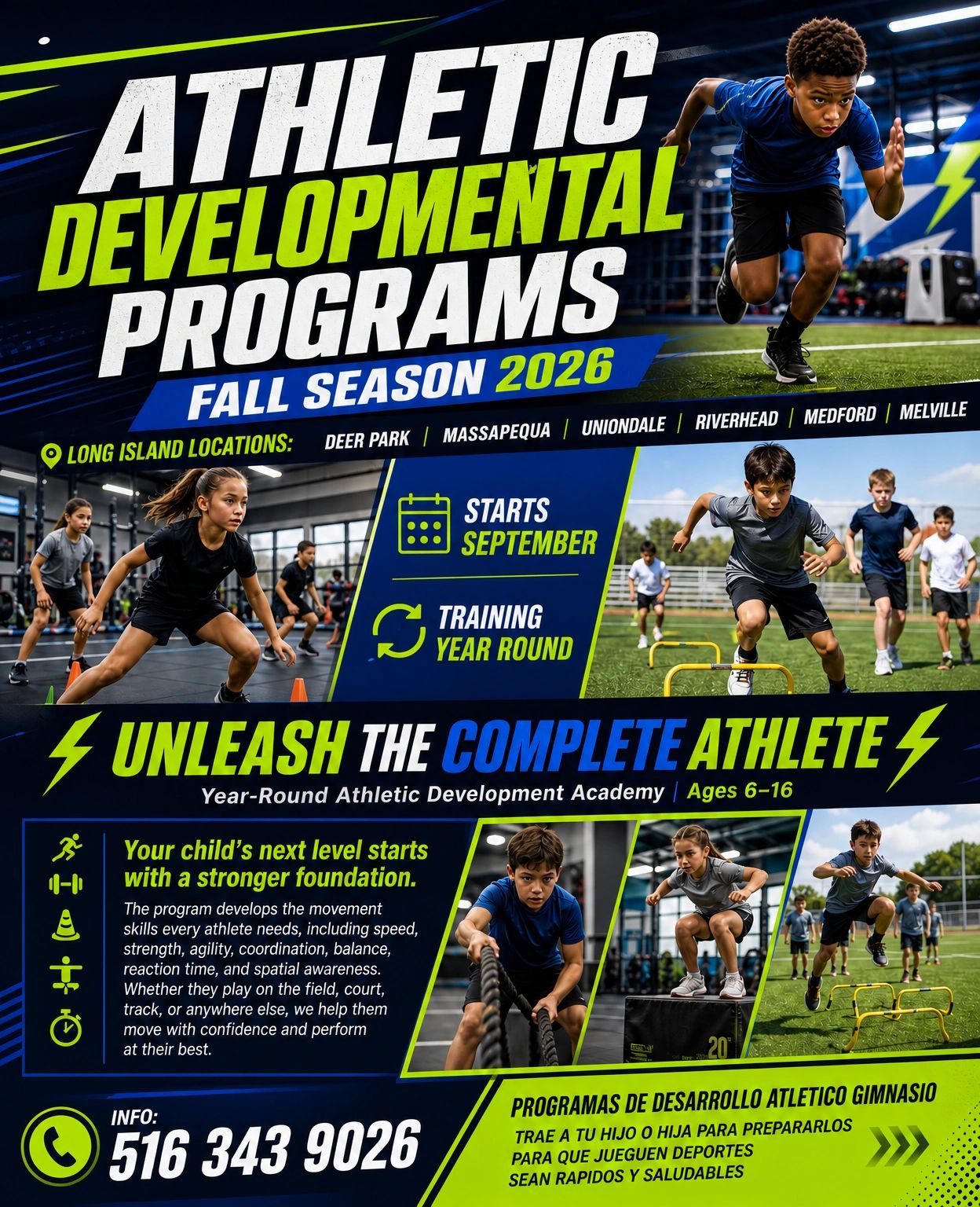 Athletic developmental programs for kids aged 6-16 starting fall 2026 on Long Island.