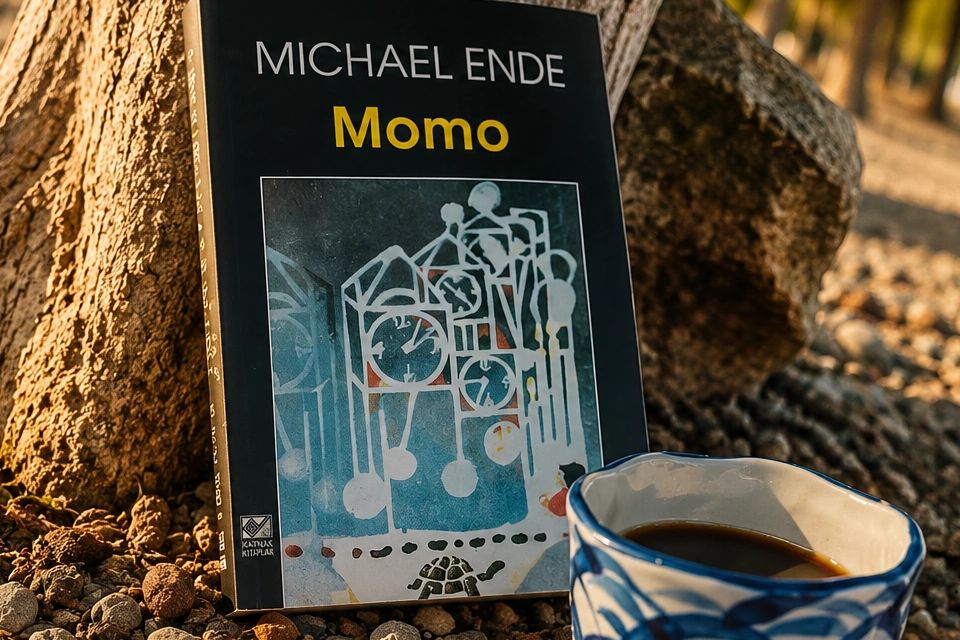 Michael Ende’s Momo beside a blue ceramic coffee cup under an old tree in Bodrum.