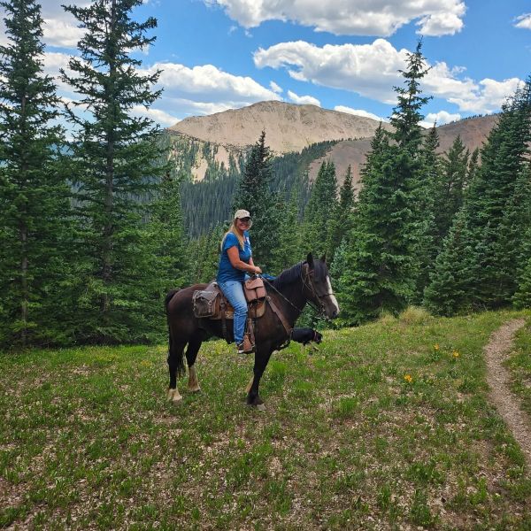 Woman riding a horse in a forested mountainous area.