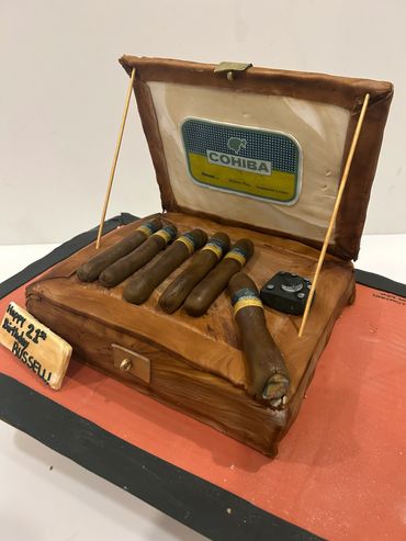 Cigar humidor novelty cake with edible cigars and Cohiba design