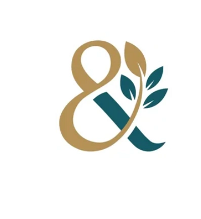 Stylized ampersand with gold and teal leaves.
