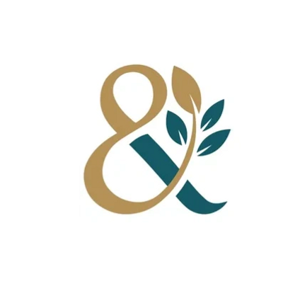 Stylized ampersand with leaves, blending gold and teal colors.