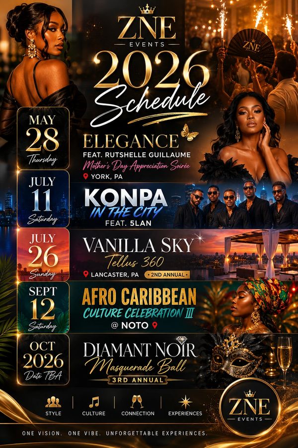 2026 ZNE Events schedule featuring elegance, Konpa, Vanilla Sky, Afro Caribbean, and Diamant Noir.