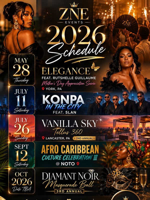 2026 ZNE Events schedule featuring elegance, Konpa, Vanilla Sky, Afro Caribbean, and Diamant Noir.