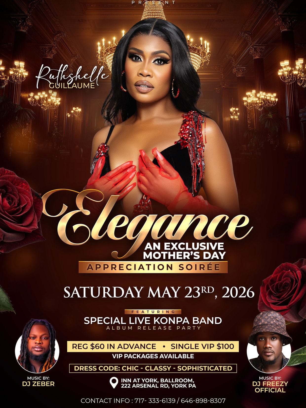 Mother's Day Elegance Soirée with live Konpa band, DJs, and VIP packages on May 23, 2026.