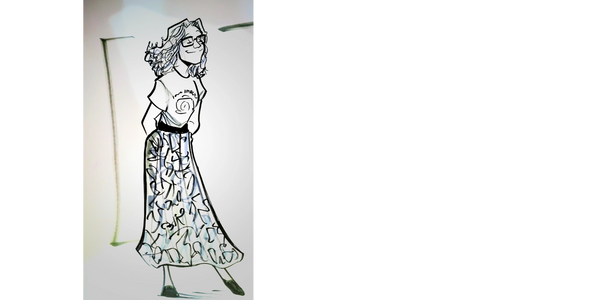 Sketch of a woman with glasses wearing a patterned long skirt and a t-shirt.