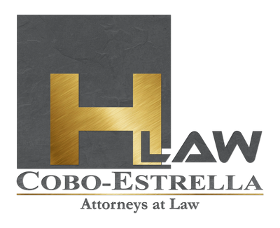 Logo of H Law Cobo-Estrella Attorneys at Law with gold and black colors.
