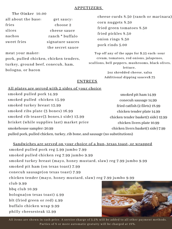 Barbecue menu featuring appetizers, entrees, and sandwiches with smoked meats and various sides.