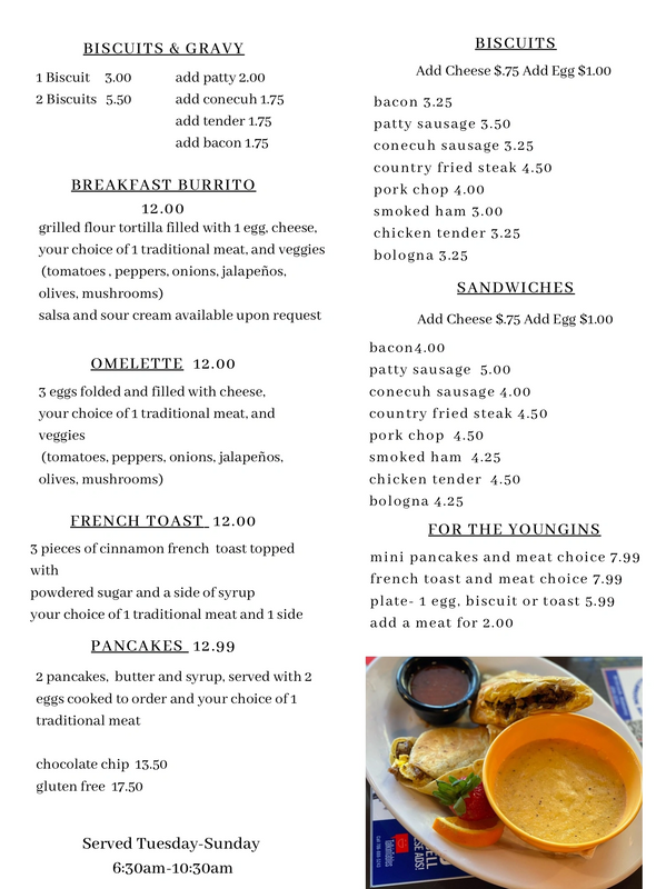 Breakfast menu with biscuits, burritos, omelettes, and pancakes.