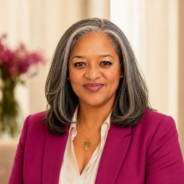 Confident woman in a magenta blazer smiling.