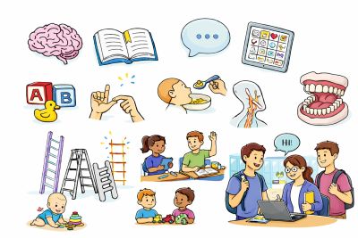 Illustration of various speech therapy and communication development activities and tools.