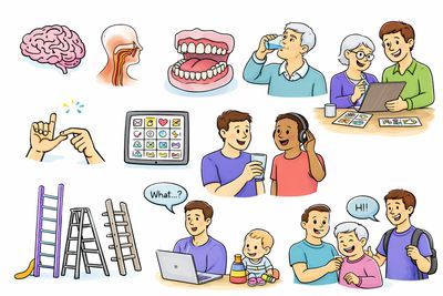 Illustrations of communication and learning, including sign language and conversation.