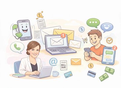 People managing bills and messages through electronic devices.