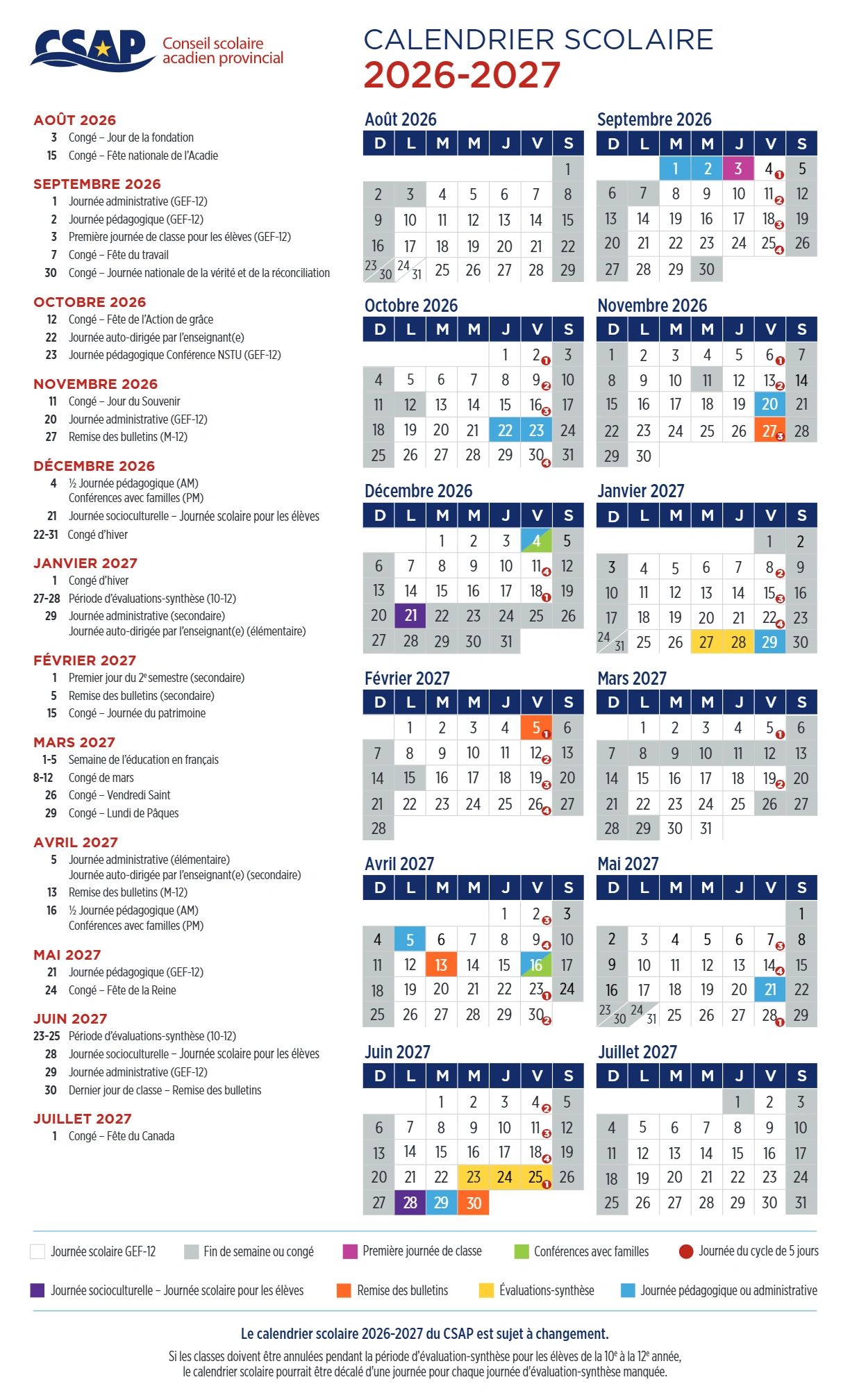 Calendrier scolaire 2026-2027 du CSAP avec jours fériés et événements importants.
