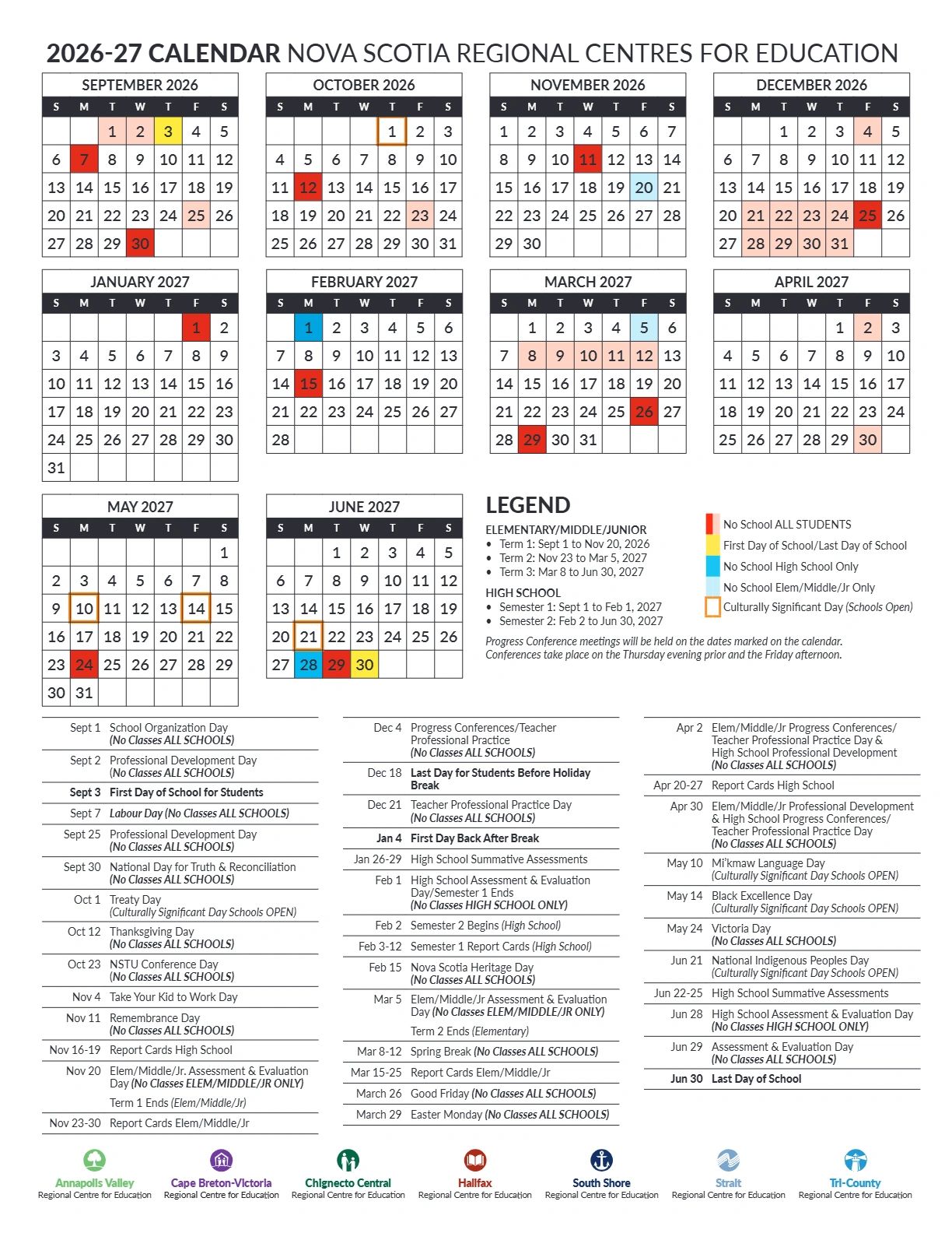 2026-27 Nova Scotia Regional Centres for Education school calendar with dates for holidays, professional development, and report cards.