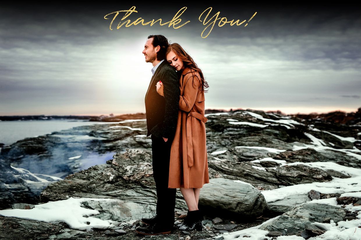 Couple embracing on rocky shore at sunset with thank you text.