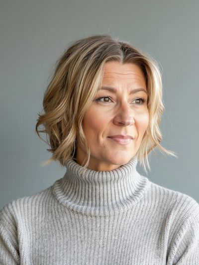 Woman with short blonde hair wearing a gray turtleneck sweater.