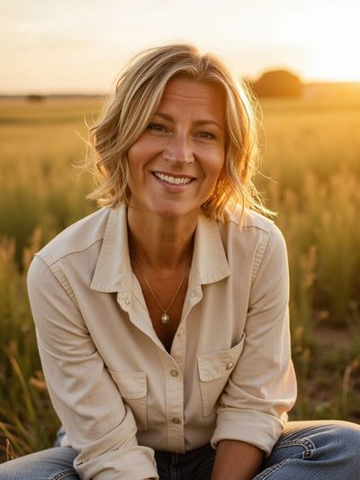 Smiling woman in a beige shirt sitting outdoors at sunset.