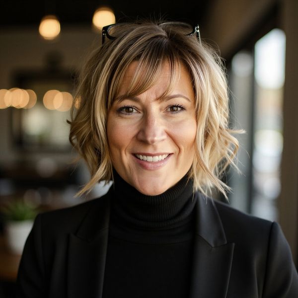 Smiling woman with blonde bob haircut wearing a black turtleneck and blazer.